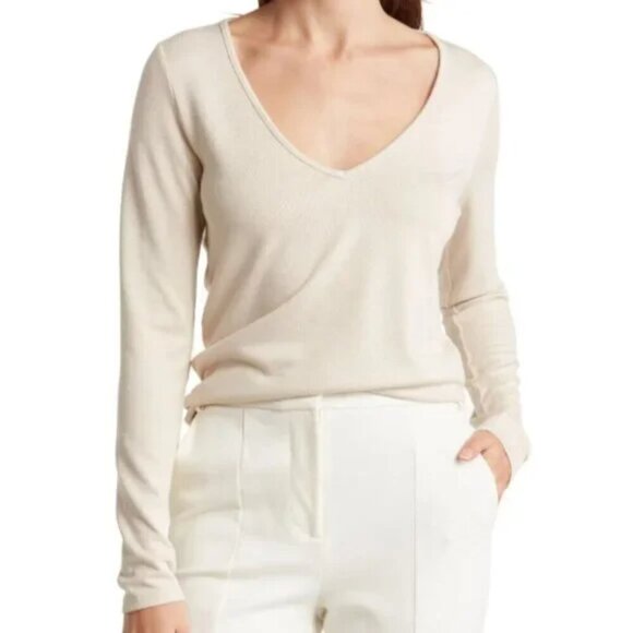 Vince V-Neck Long Sleeve Knit Top Cream Beige Women's Size Large - Picture 1 of 7